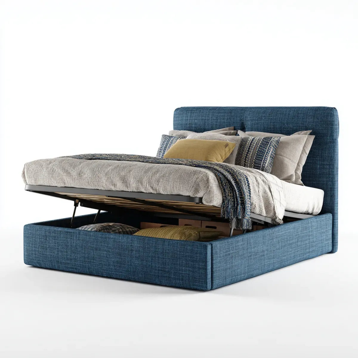 Letto contenitore matrimoniale blu in poliestere 160 x 200 cm con testiera imbottita