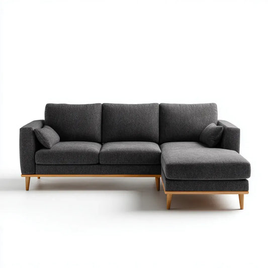 Divano angolare 3 posti grigio antracite con chaise longue destra 220 x 150 x 85 cm rivestimento in poliestere gambe in legno massello forma a L
