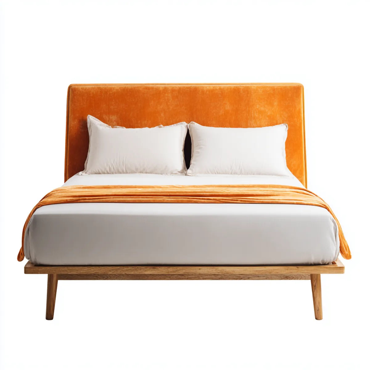 Letto matrimoniale imbottito arancione 160 x 200 cm in velluto di poliestere con struttura in legno massello rettangolare