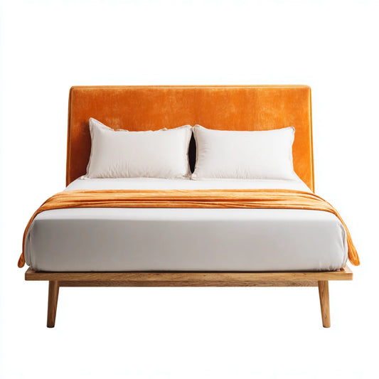 Letto matrimoniale imbottito arancione 160 x 200 cm in velluto di poliestere con struttura in legno massello rettangolare