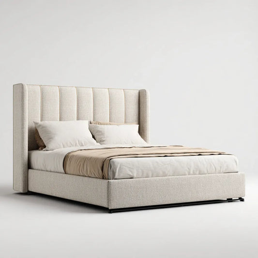 Letto matrimoniale imbottito beige 160 x 200 cm in poliestere rettangolare