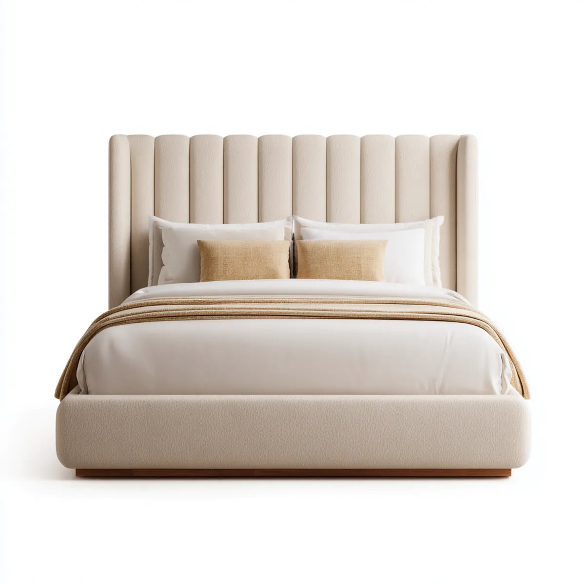 Letto matrimoniale imbottito beige 160 x 200 cm in poliestere bouclé con testiera alta rettangolare