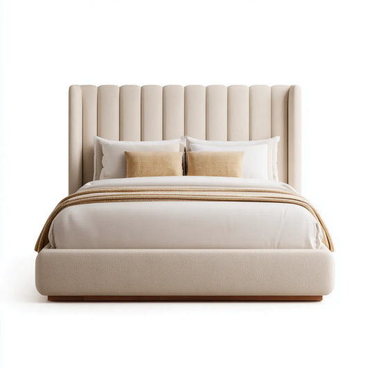 Letto matrimoniale imbottito beige 160 x 200 cm in poliestere bouclé con testiera alta rettangolare