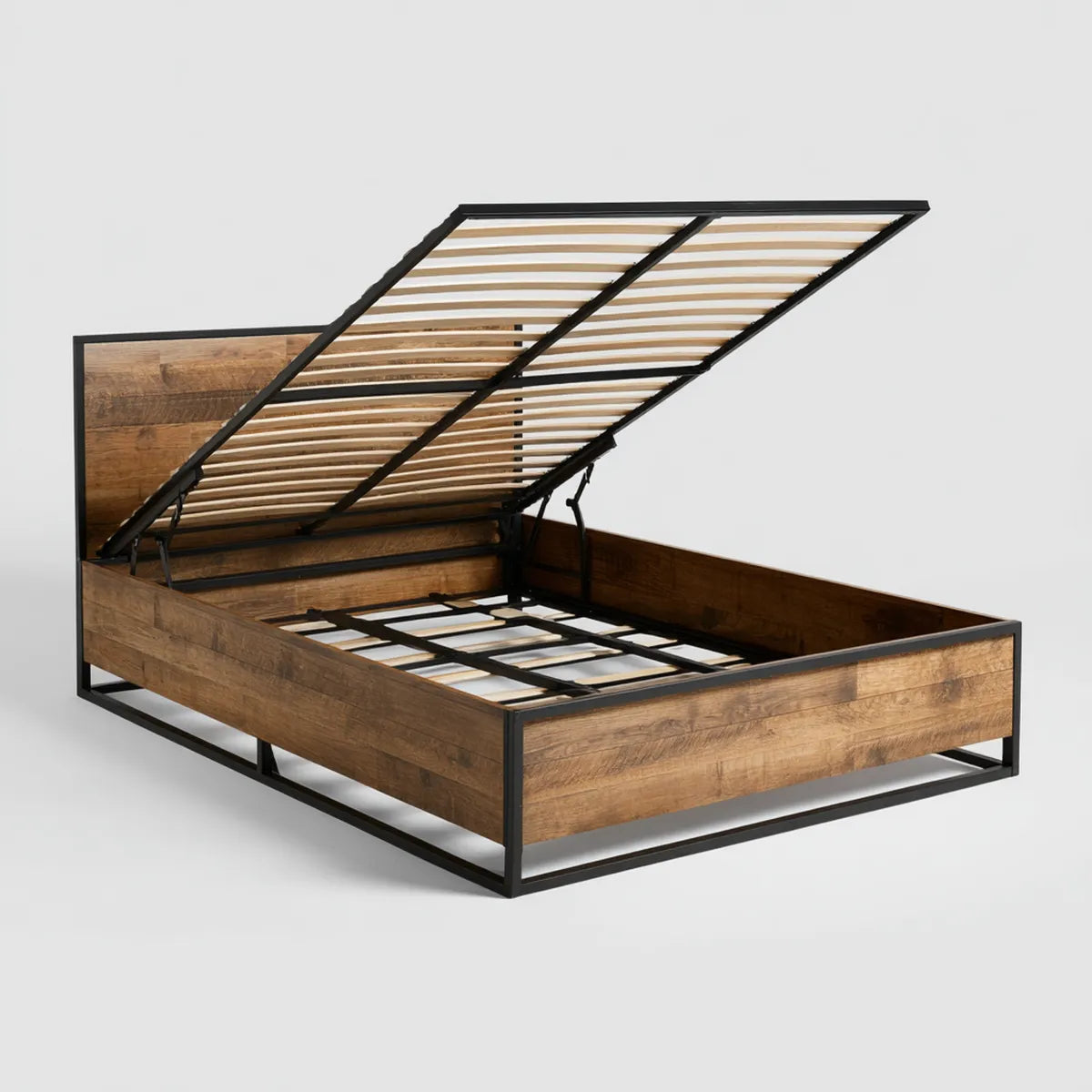 Letto contenitore matrimoniale 160 x 200 cm marrone e nero in legno massello di mango e acciaio rettangolare