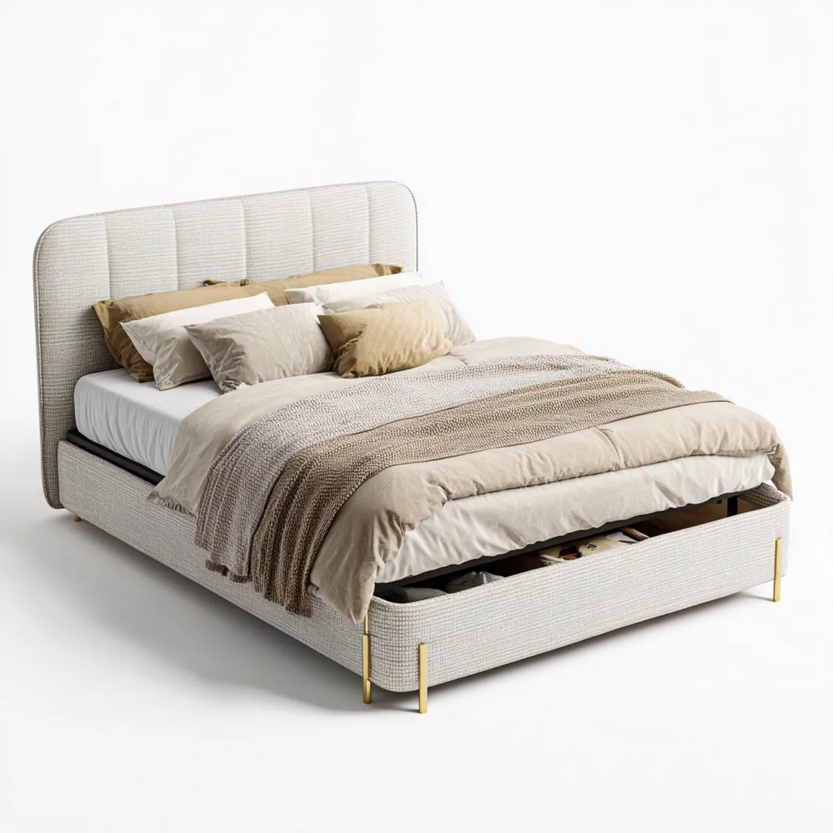 Letto contenitore matrimoniale con cassetto beige 160 x 200 cm rivestito in poliestere rettangolare