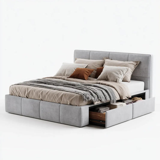 Letto contenitore matrimoniale grigio 160 x 200 cm in velluto di poliestere con testiera rettangolare e 4 cassetti