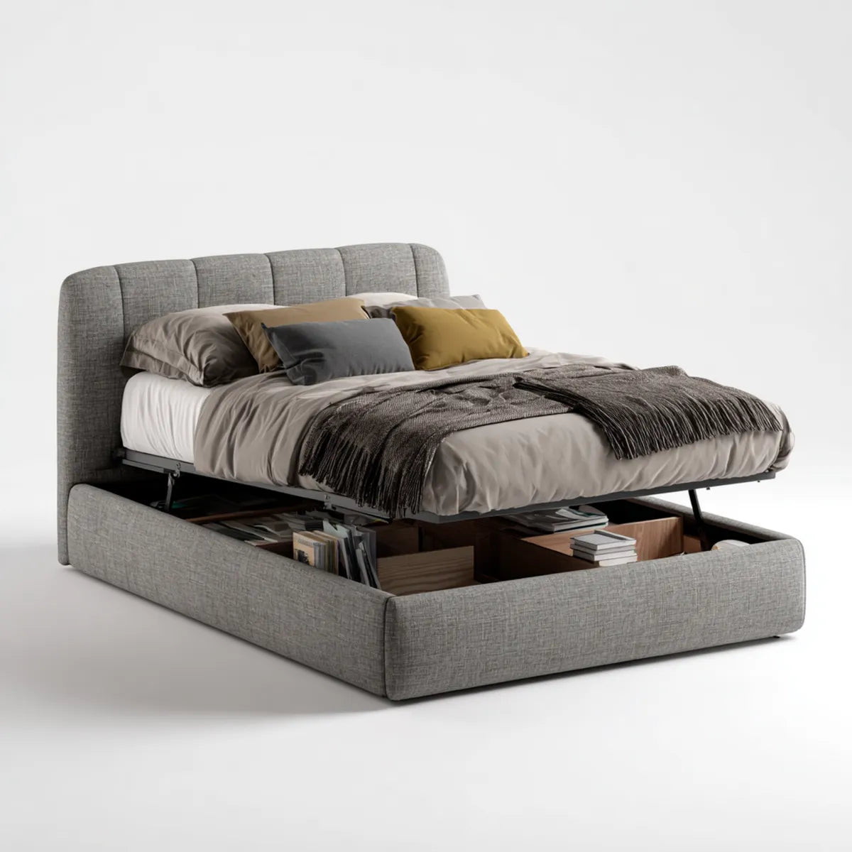 Letto contenitore matrimoniale grigio 160 x 200 cm rivestito in poliestere con testiera arrotondata