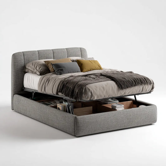 Letto contenitore matrimoniale grigio 160 x 200 cm rivestito in poliestere con testiera arrotondata
