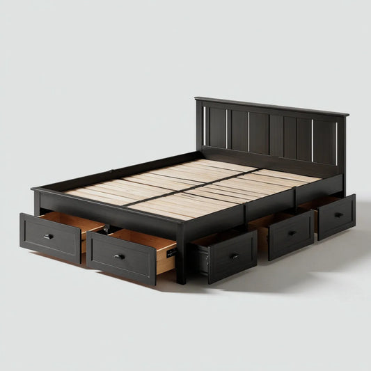 Letto matrimoniale con 6 cassetti nero 160 x 200 cm in legno massello di pino rettangolare