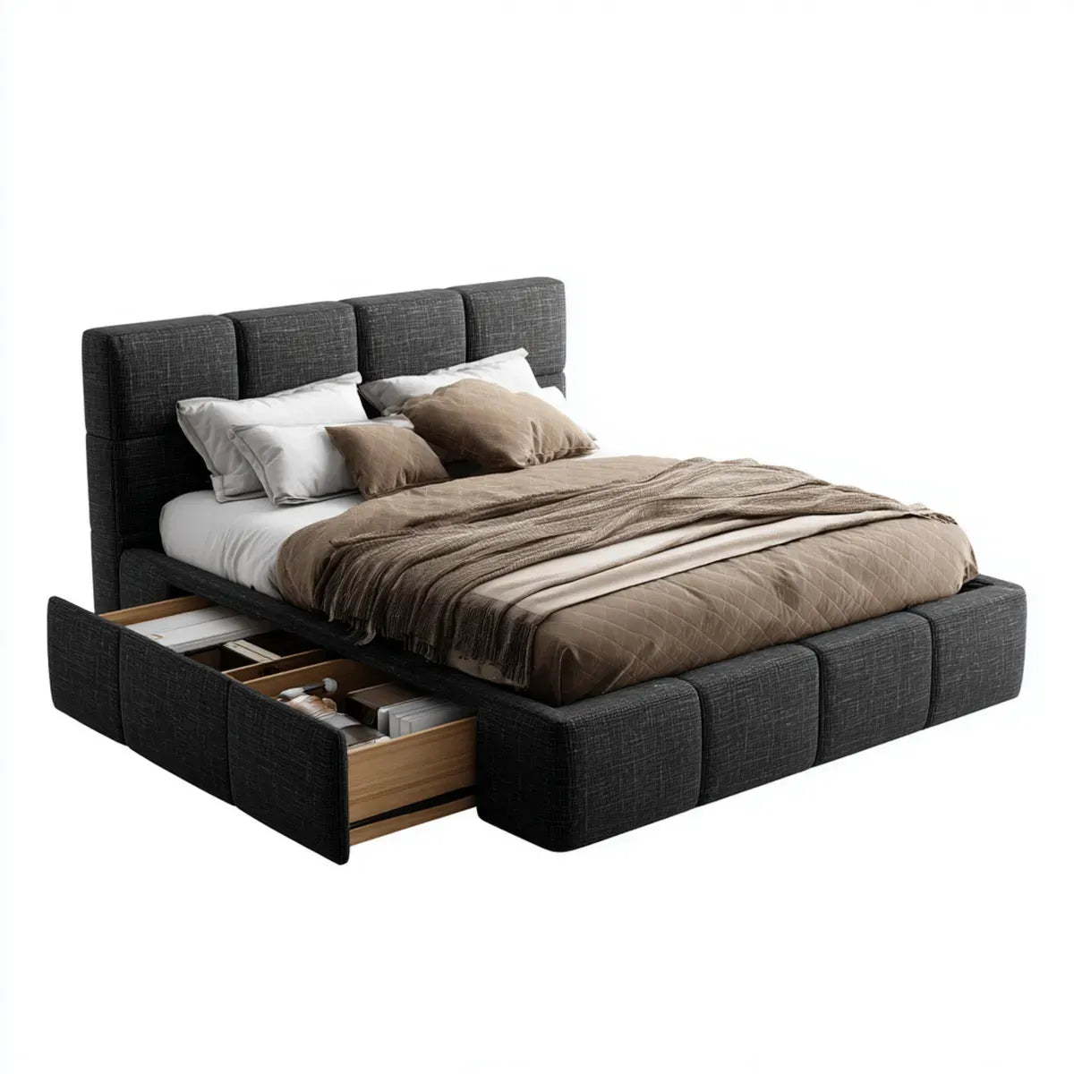 Letto contenitore matrimoniale grigio scuro 160 x 200 cm in poliestere con testiera imbottita e cassetto laterale