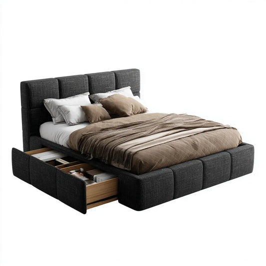 Letto contenitore matrimoniale grigio scuro 160 x 200 cm in poliestere con testiera imbottita e cassetto laterale