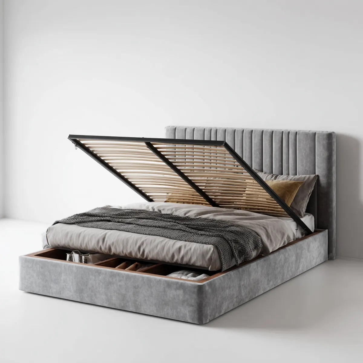 Letto contenitore matrimoniale grigio in velluto sintetico 160 x 200 cm con testiera rettangolare