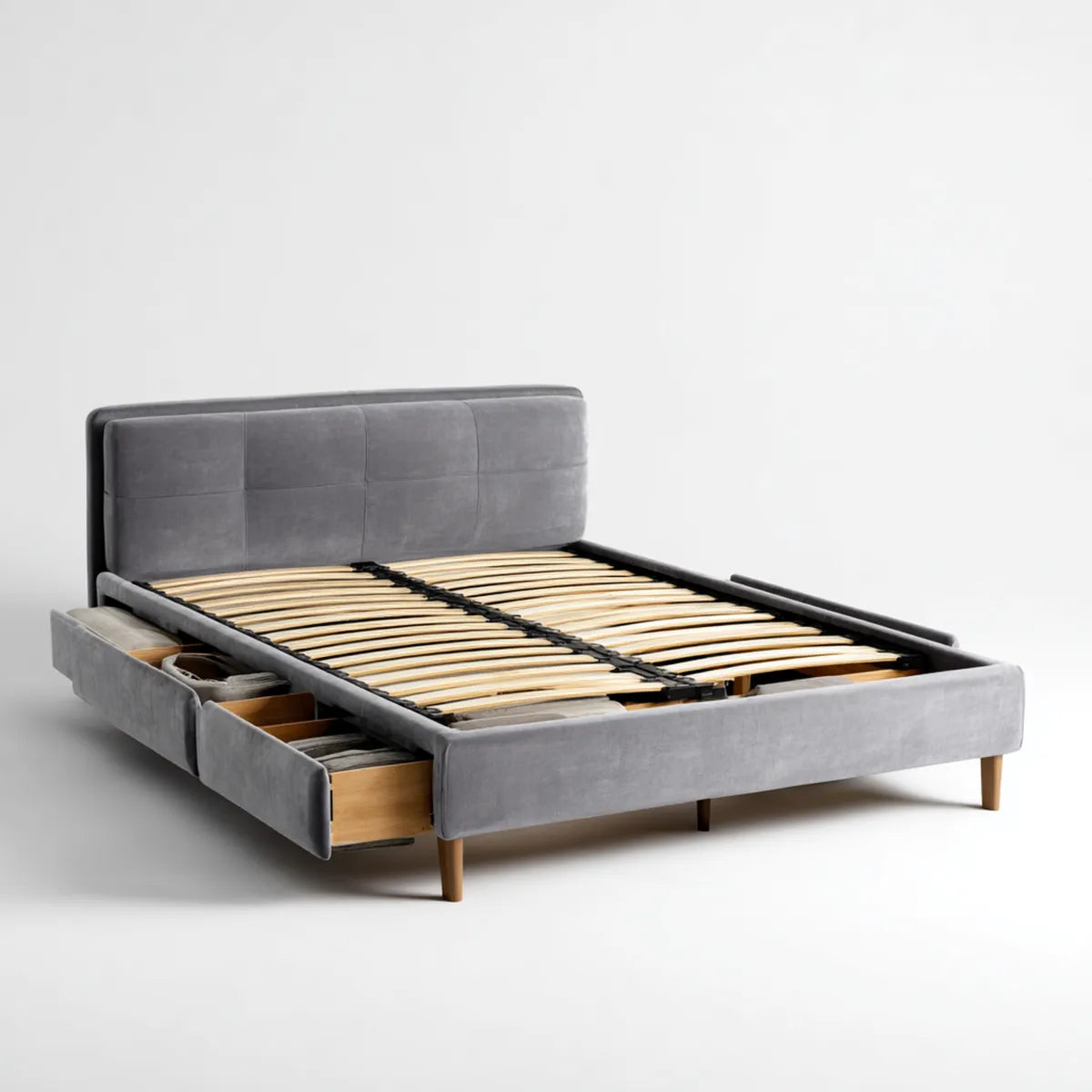 Letto contenitore matrimoniale grigio 160x200 cm in velluto di poliestere con 2 cassetti