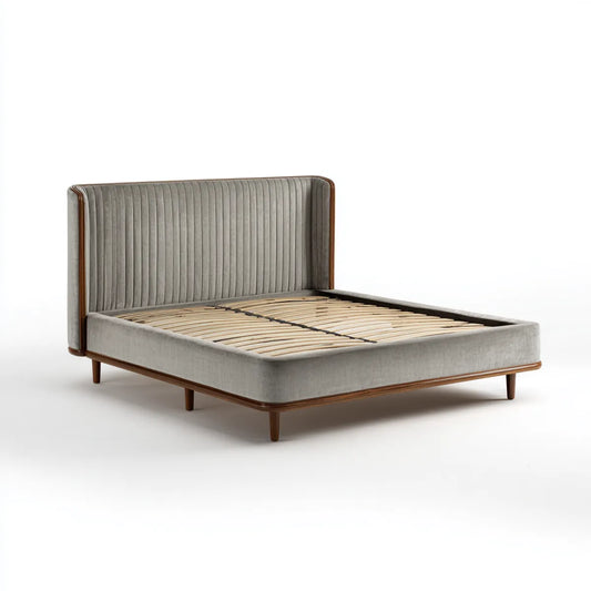 Letto matrimoniale grigio e marrone 160 x 200 cm in poliestere e legno massello rettangolare