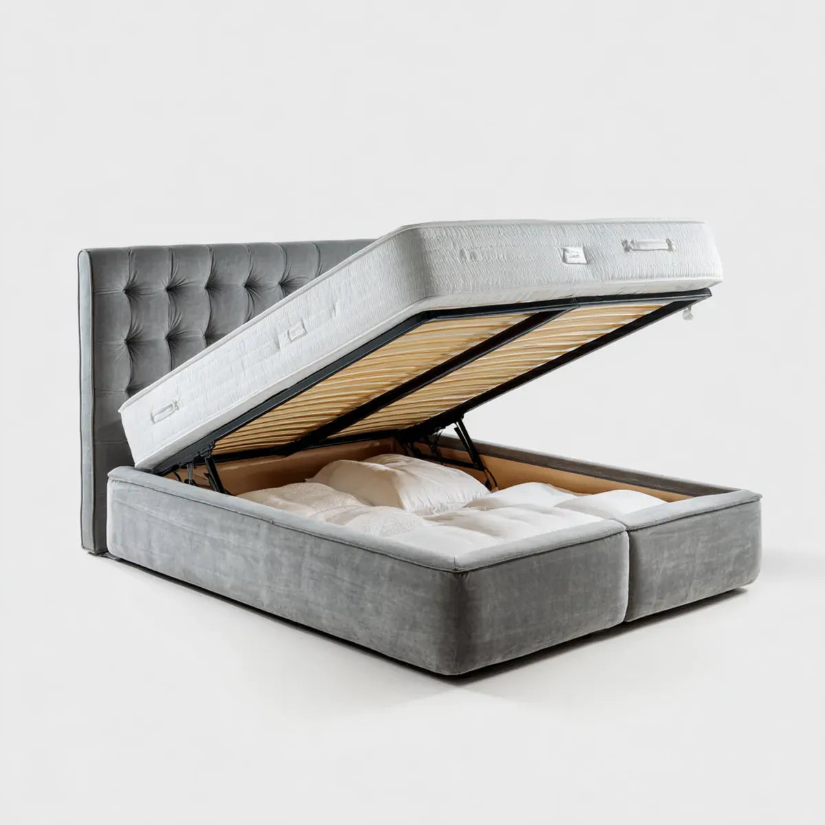 Letto contenitore matrimoniale grigio in velluto di poliestere con testiera capitonné 180 x 200 cm rettangolare