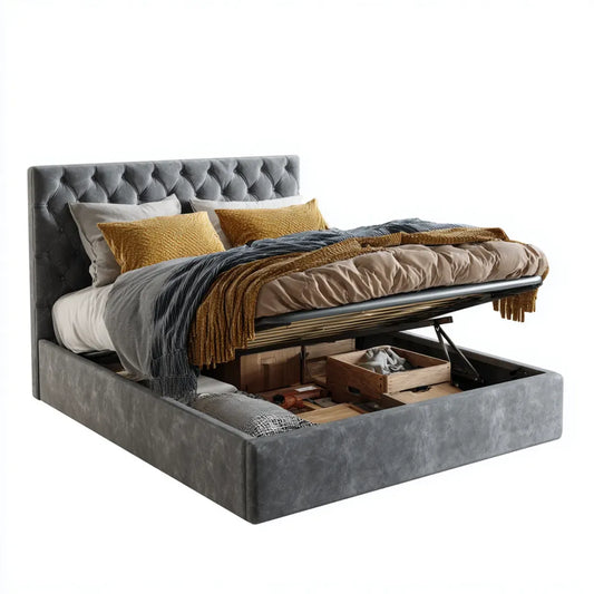 Letto contenitore matrimoniale grigio 160 x 200 cm in poliestere effetto velluto con testiera capitonné rettangolare