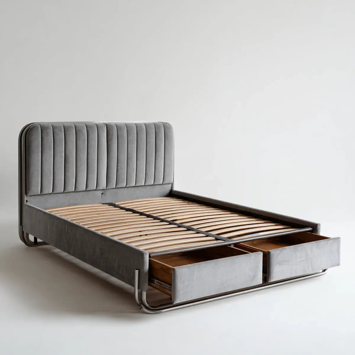 Letto contenitore matrimoniale grigio 160 x 200 cm in velluto di poliestere con struttura in acciaio rettangolare