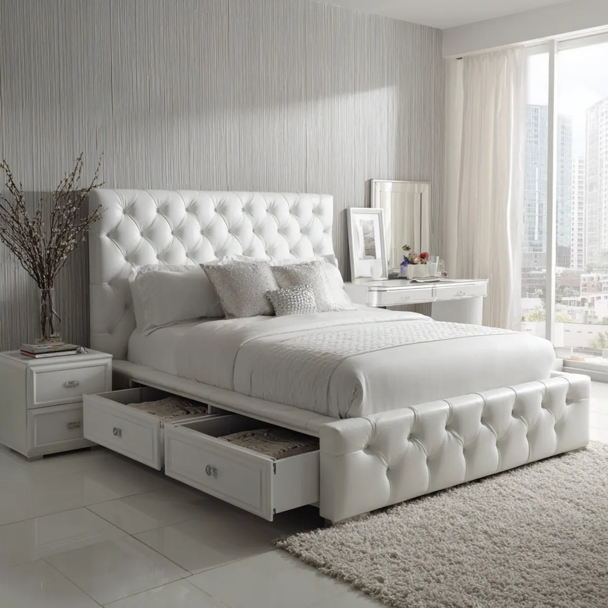 Letto contenitore matrimoniale bianco 160 x 200 cm in pelle sintetica PU rettangolare con 2 cassetti