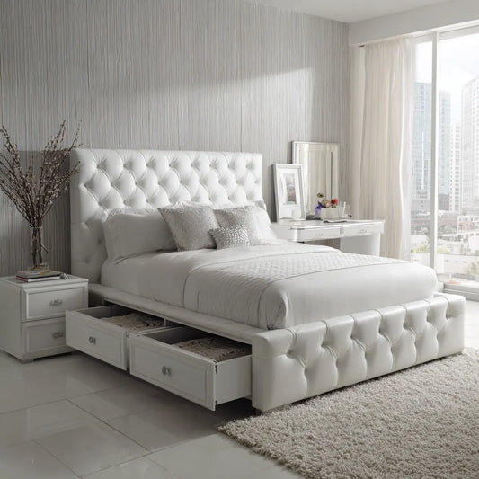 Letto contenitore matrimoniale bianco 160 x 200 cm in pelle sintetica PU rettangolare con 2 cassetti