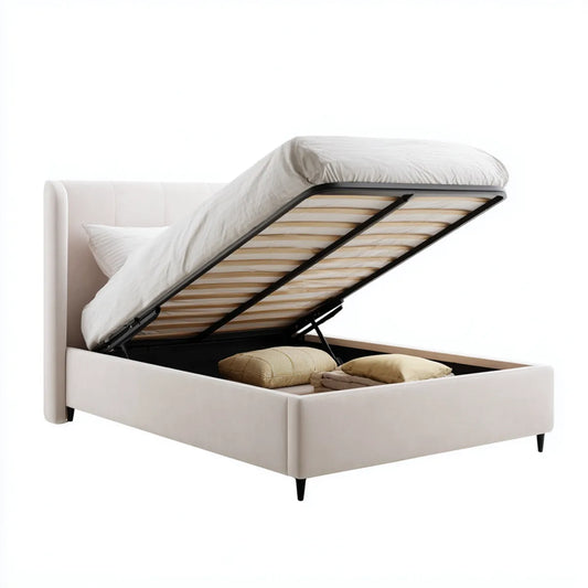 Letto contenitore matrimoniale beige 160 x 200 cm in poliestere con struttura rettangolare e rete a doghe