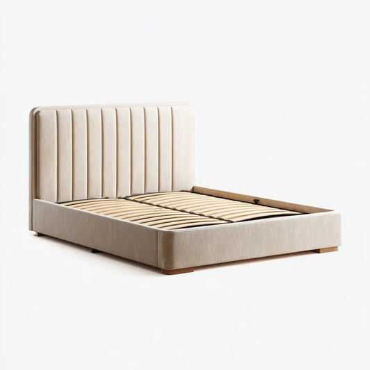 Letto matrimoniale imbottito beige 160 x 200 cm in poliestere con rete a doghe rettangolare